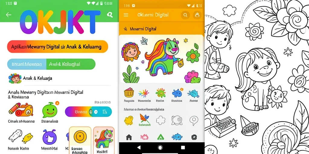 Antarmuka aplikasi OKJKT dengan gambar-gambar untuk mewarnai.